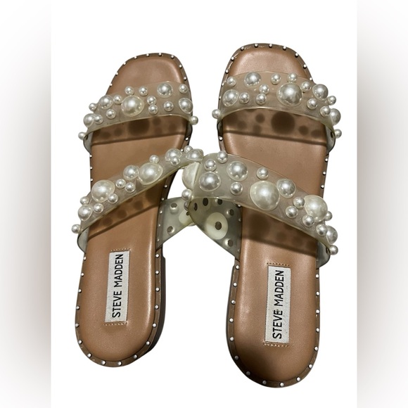 Size 9 Steve Madden Pearl-Embellished Clear Strap Slide Sandals - Nude/Tan - Picture 2 of 8